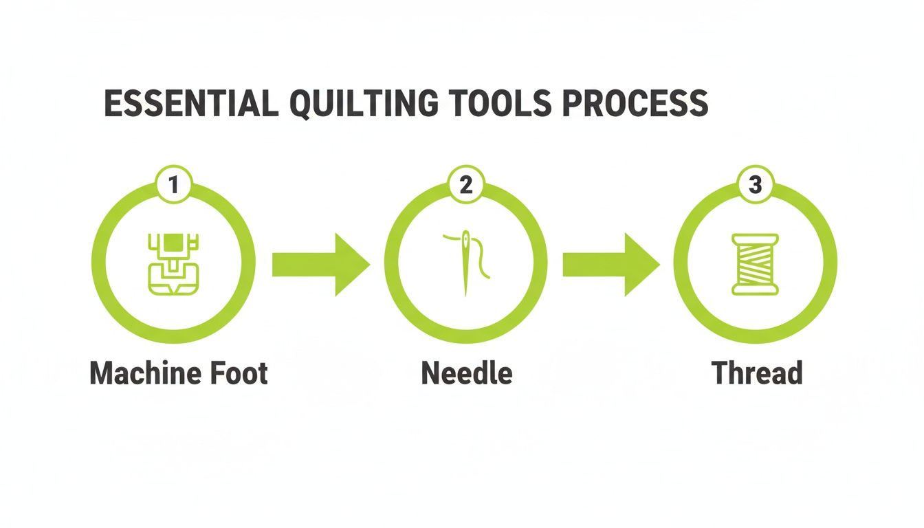 A diagram illustrating the essential quilting tools process: machine foot, needle, and thread in sequential steps.