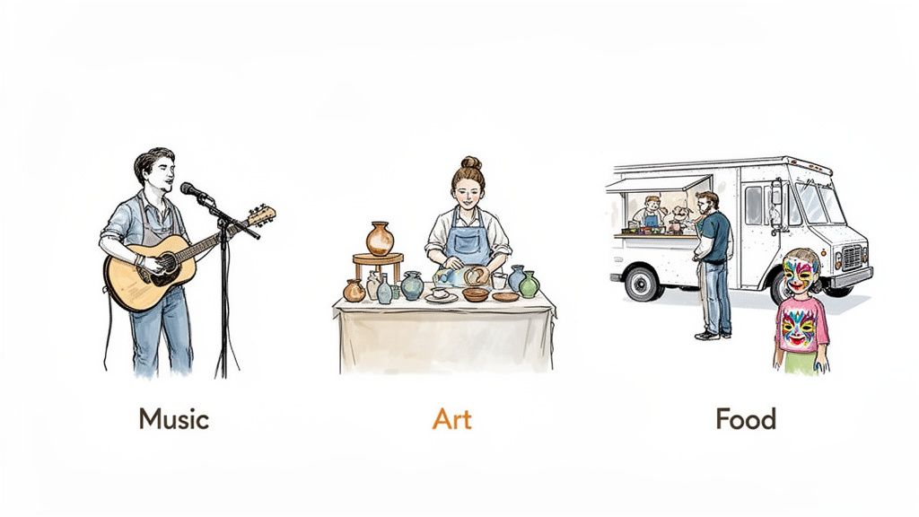 Illustrations of a musician, a ceramic artist, and a food truck with customers, representing music, art, and food events.