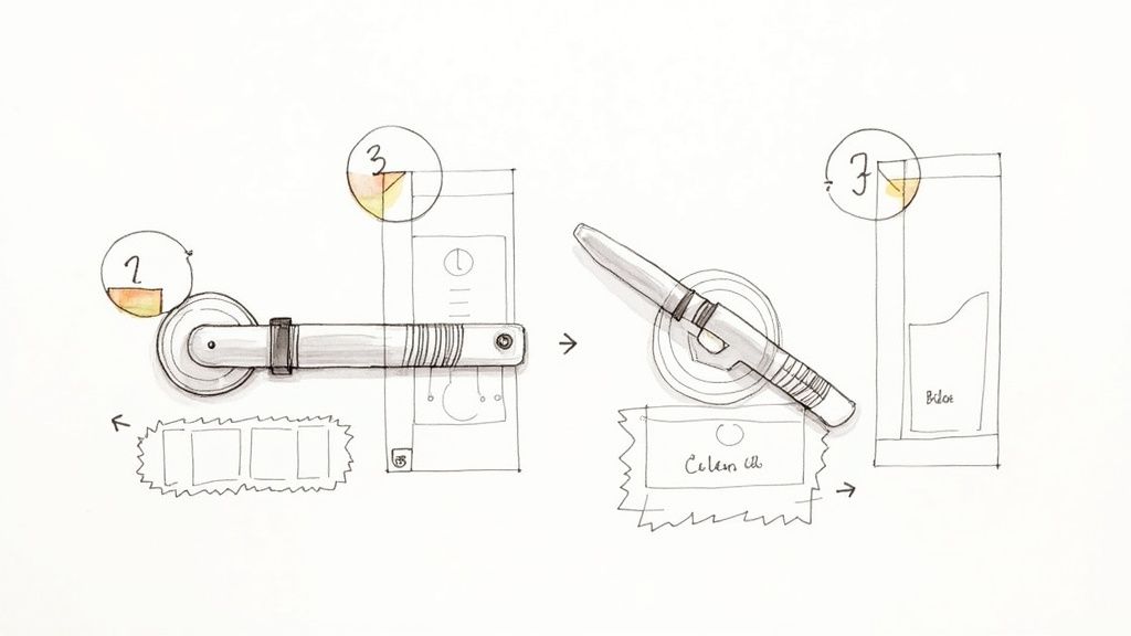 A visual diagram demonstrating the steps of using a rotary cutter to cut fabric strips and assemble pieces.