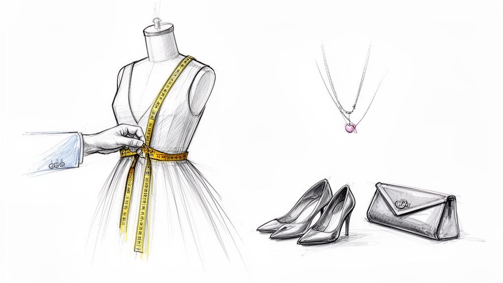 Fashion design sketch showing a tailor measuring a dress on a mannequin, with high heels, a clutch bag, and a necklace.