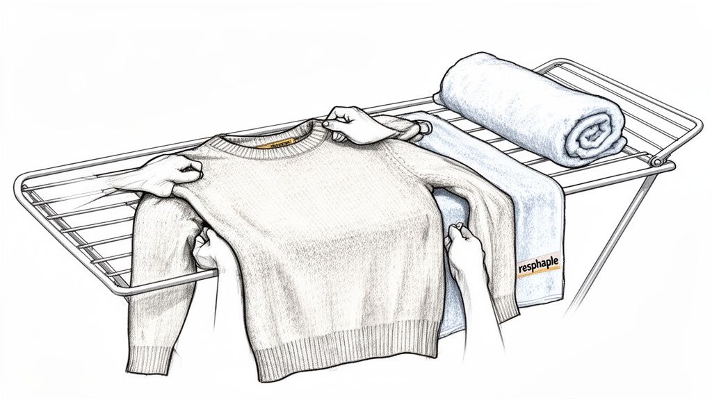 Hands carefully placing a light-colored sweater and a blue cloth on a metal drying rack, next to a rolled towel.