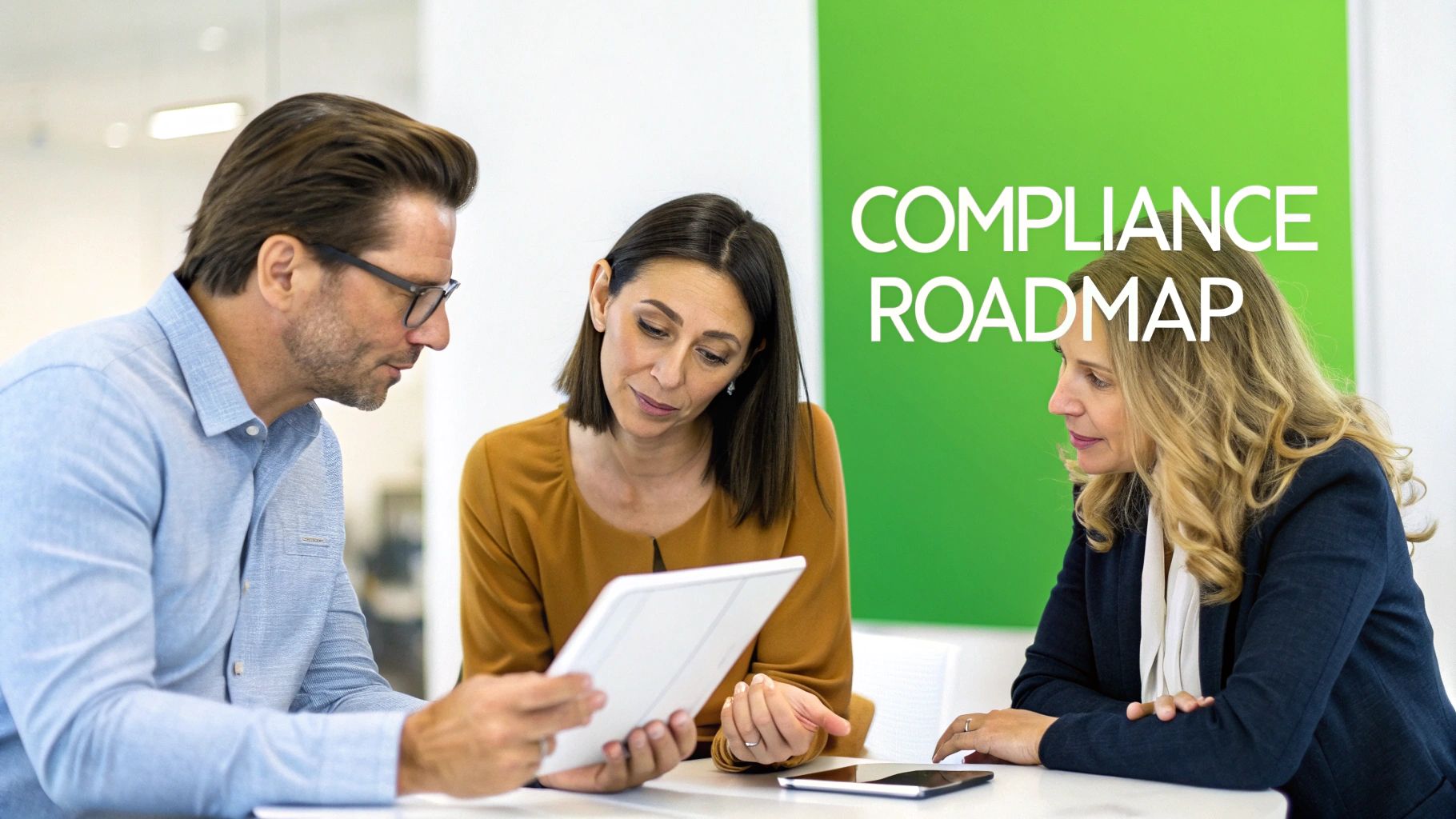 Three business professionals reviewing a digital tablet with 'COMPLIANCE ROADMAP' in the background.