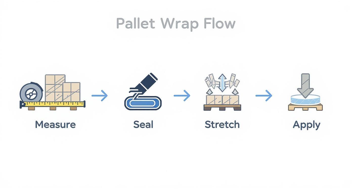A diagram illustrates the pallet wrap flow process with icons for measure, seal, stretch, and apply steps.