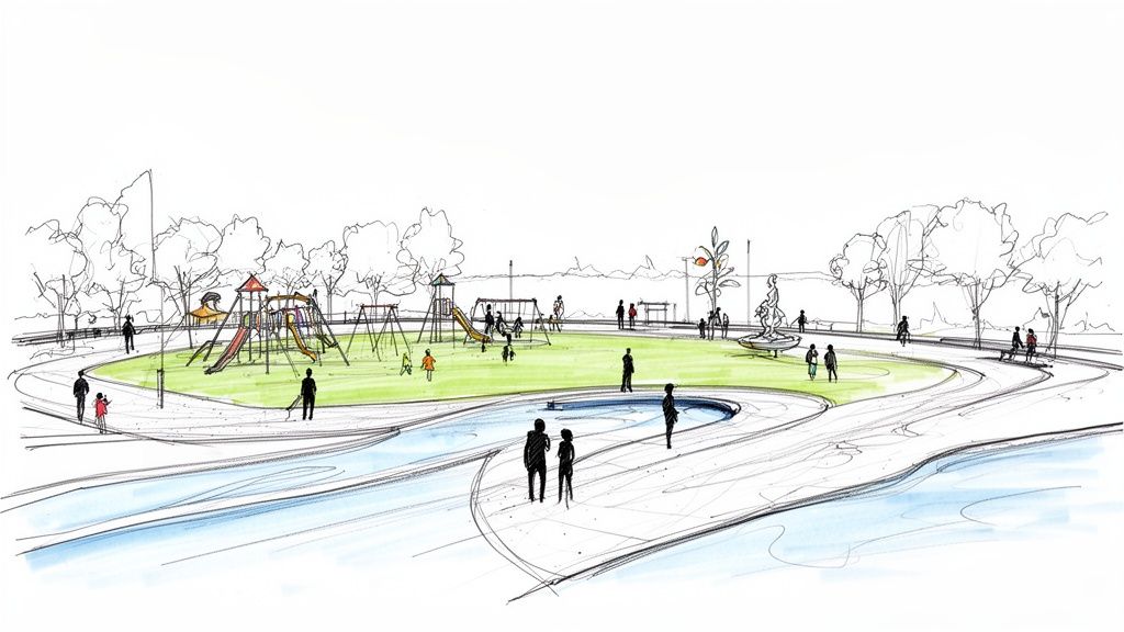 Illustrated park scene with playground, water feature, walking paths, and people enjoying the outdoors.