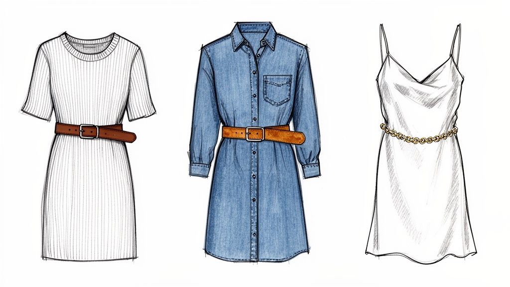 Fashion illustration showing three belted dresses: a white knit dress, a denim shirt dress, and a white slip dress.