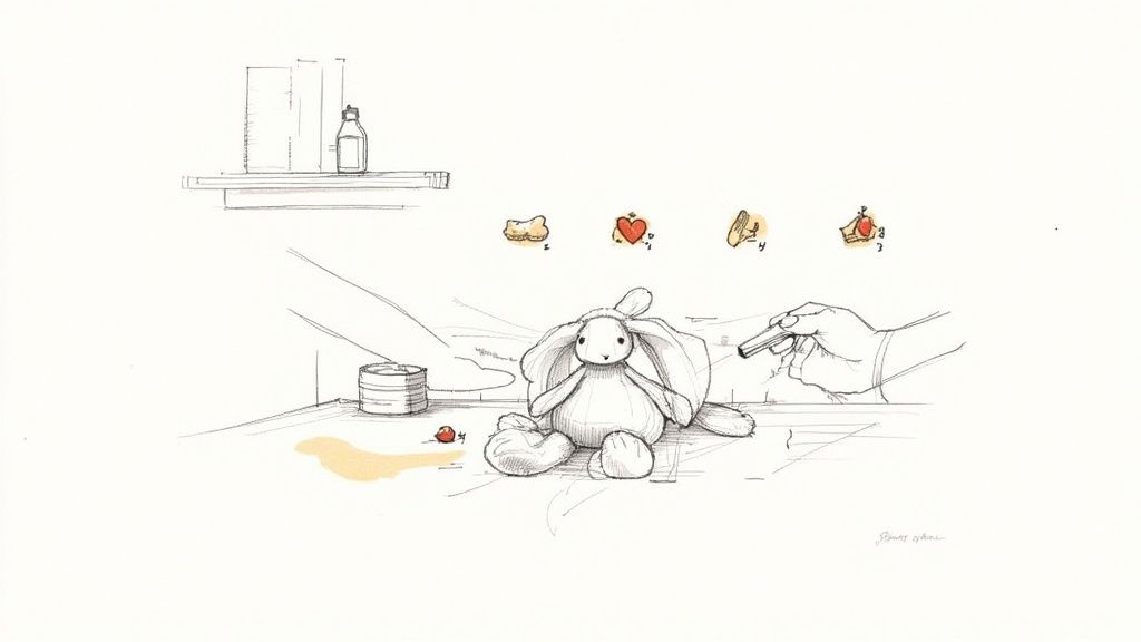 A person gently cleaning a Jellycat bunny with a soft cloth and soapy water.