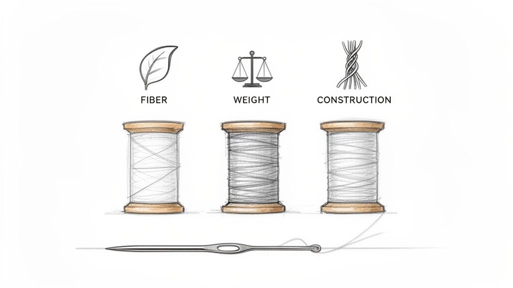 Illustration showing three spools of thread labeled Fiber, Weight, and Construction, with a sewing needle.