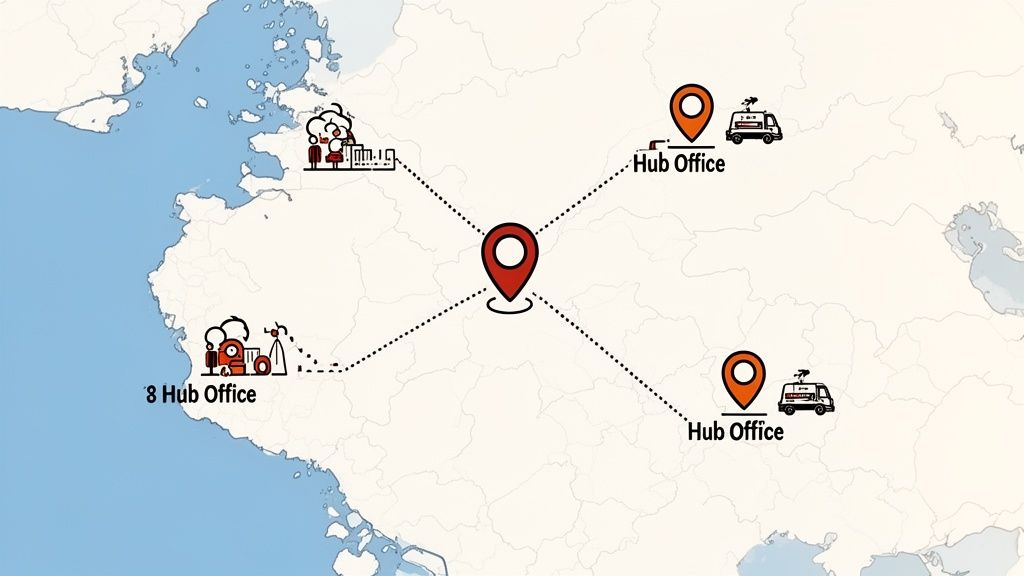 Map visualizes a hybrid work model with a central hub connecting multiple distributed offices and operations.