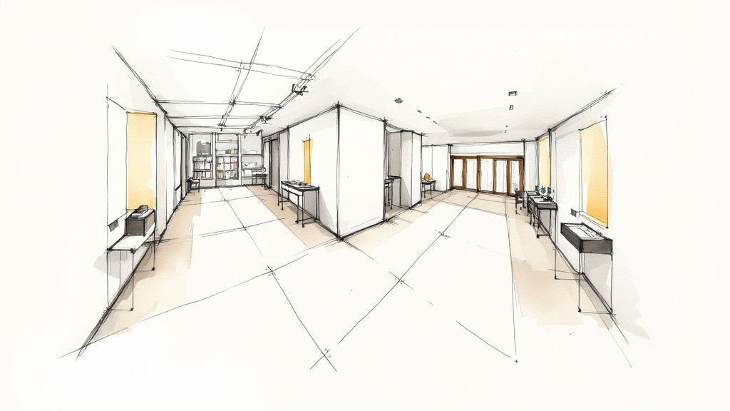 Interior perspective sketch of modern retail store layout with shelving and display areas