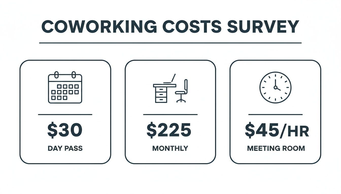 An infographic displaying coworking space costs: $30 for day pass, $225 monthly, and $45 per hour for a meeting room.