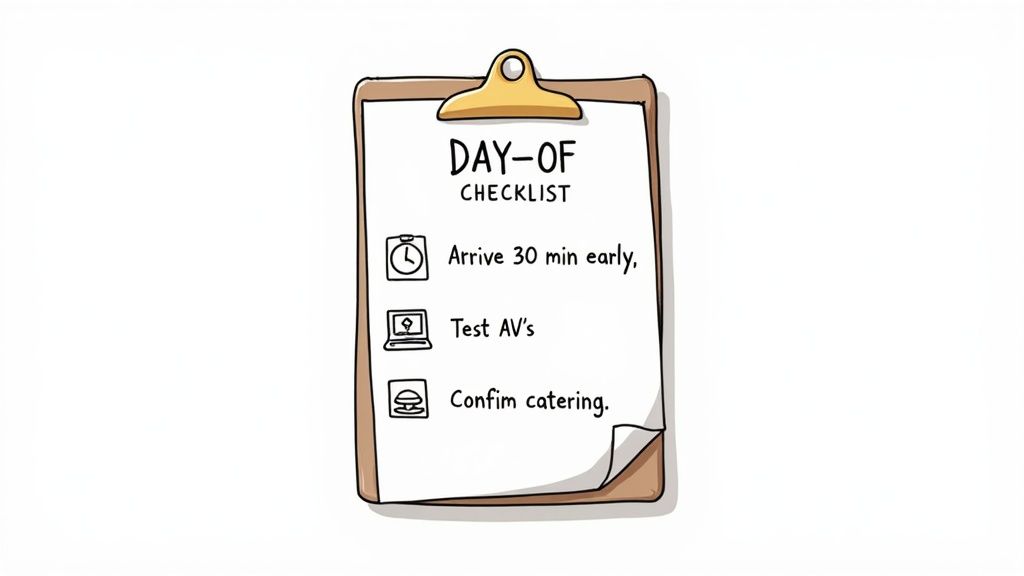Day-of checklist on a clipboard listing to arrive early, test AVs, and confirm catering.