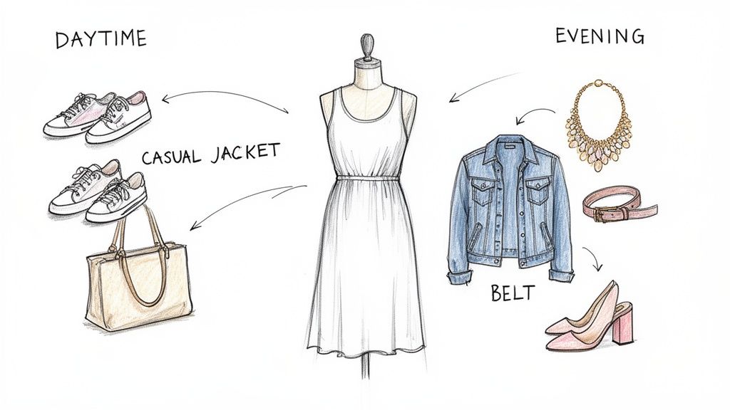 An illustration showing a white dress styled for daytime with a casual jacket, sneakers, and a tote bag, and for evening with a denim jacket, necklace, belt, and heels.