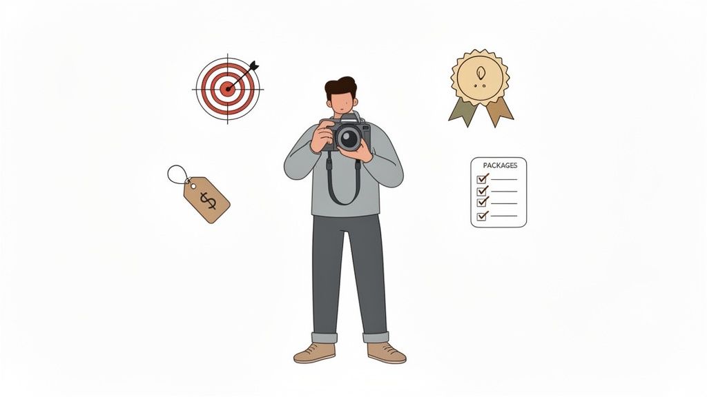 A professional photographer planning business strategy on a tablet in a modern office space.