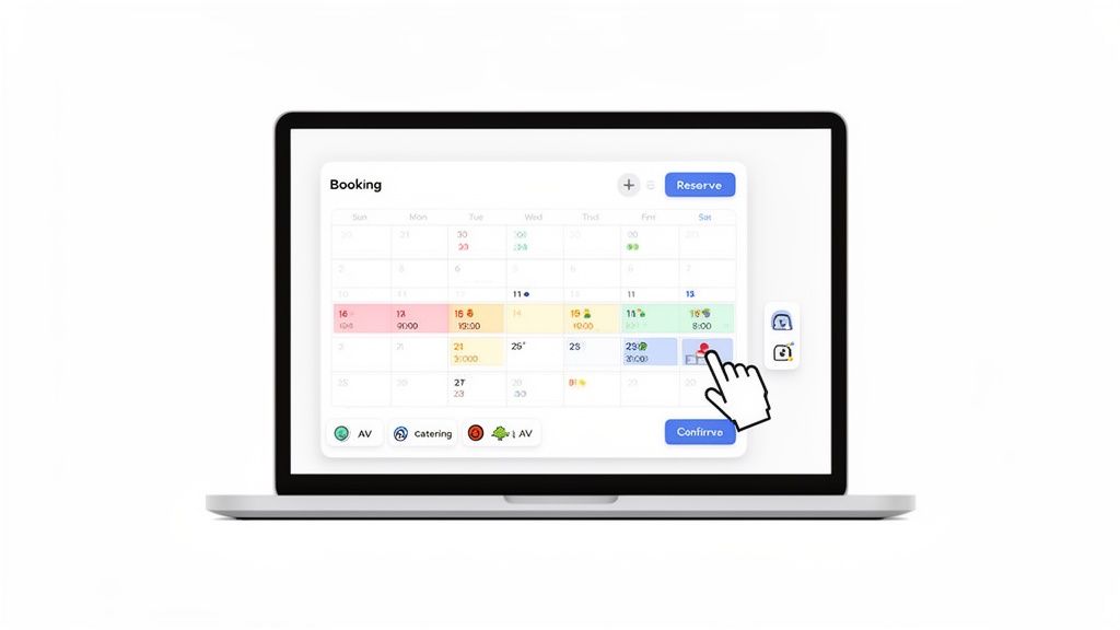 A person's hand uses a laptop trackpad to select a date on an online calendar for a conference room reservation, showing an available time slot.