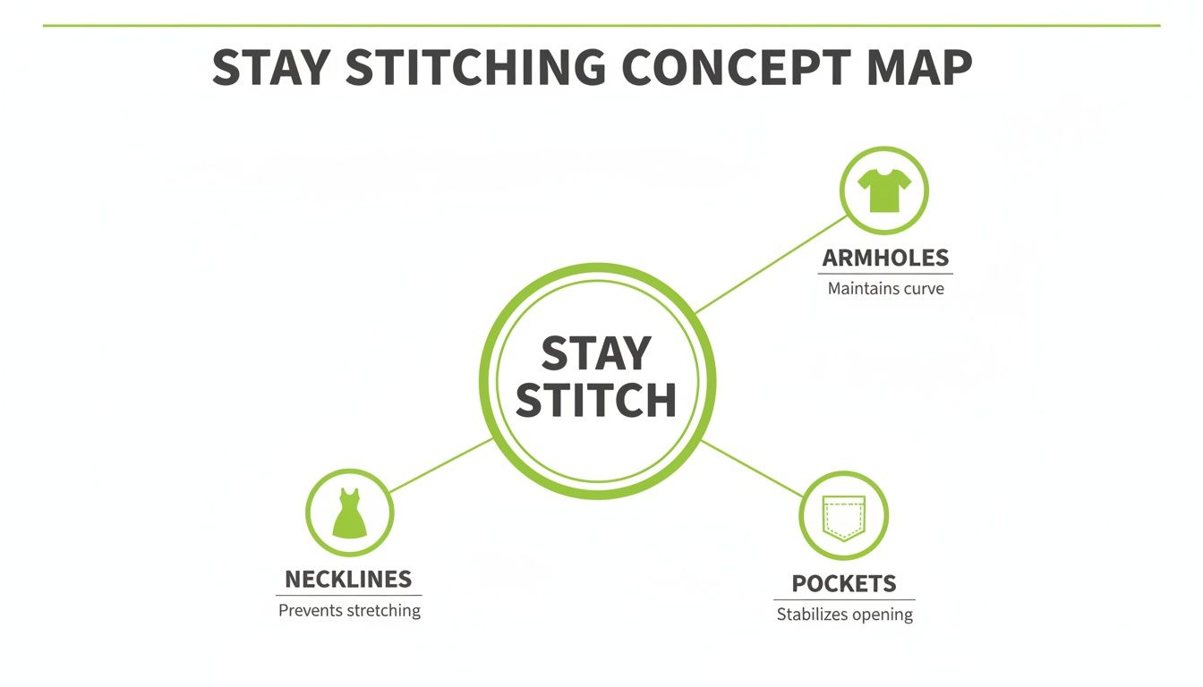 A concept map showing how stay stitching is used in sewing for necklines, armholes, and pockets.