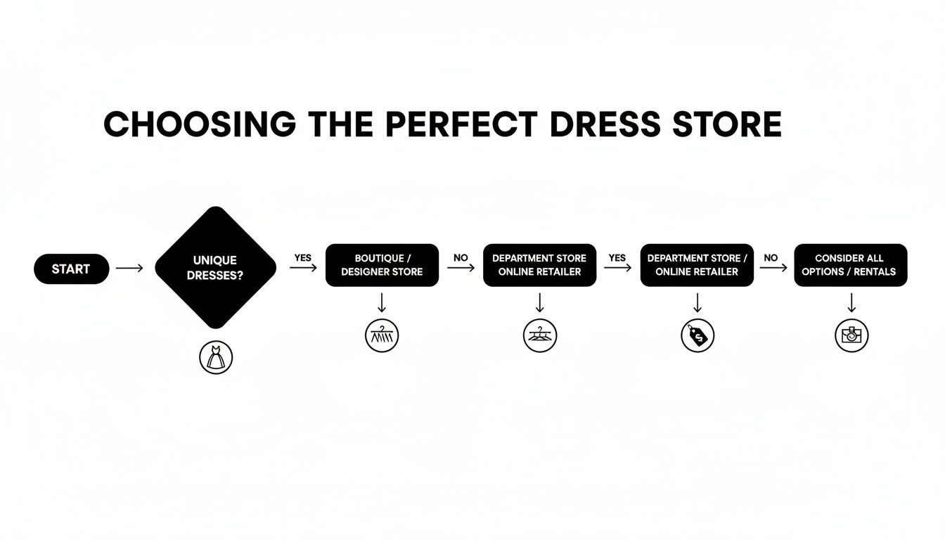 Flowchart outlining the decision process for choosing the perfect dress store, considering unique dresses, boutiques, department stores, and rentals.
