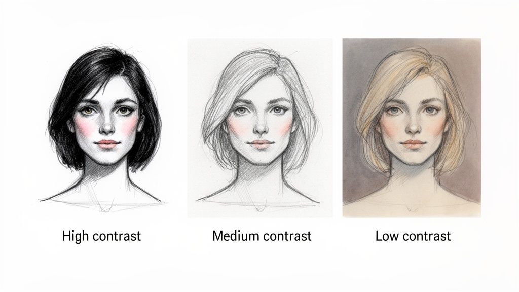 Three illustrations of a woman depicting high, medium, and low color contrast with different hair and skin tones.
