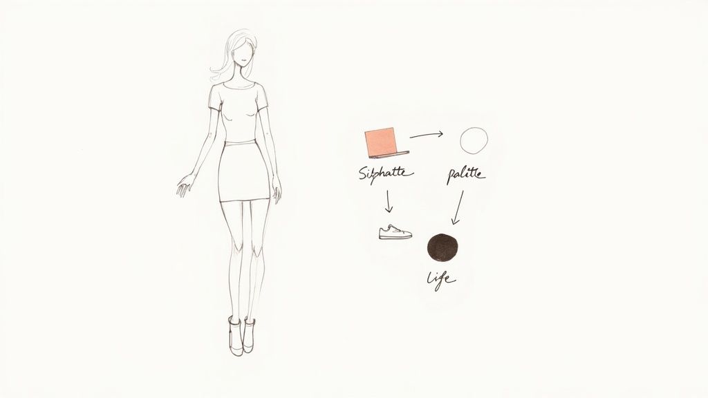 Fashion illustration of a woman and a diagram connecting a laptop, sneaker, silhouette, palette, and life.