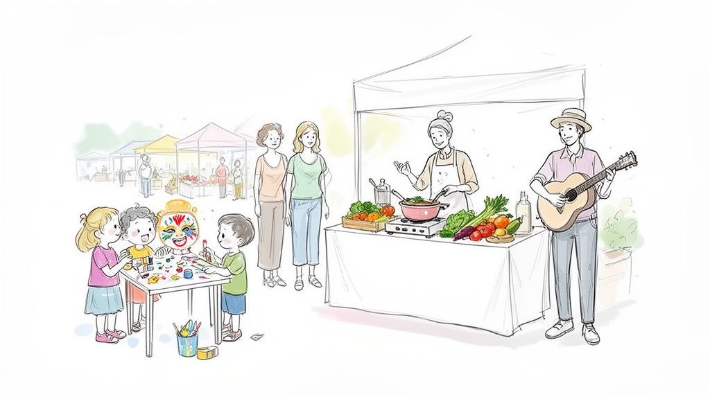 A lively outdoor farmers market scene featuring kids crafting, a cooking demonstration, and live music.