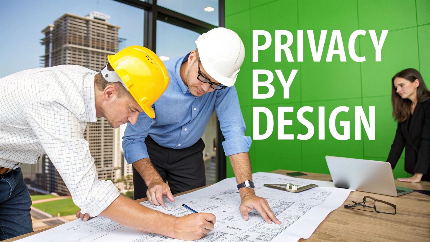 Two architects in hard hats collaborate on blueprints, while a woman stands by a green wall with 'Privacy By Design' text.