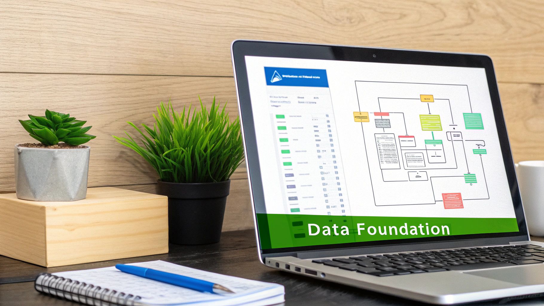 A laptop on a modern desk displays a complex data diagram and "Data Foundation" text, alongside plants.
