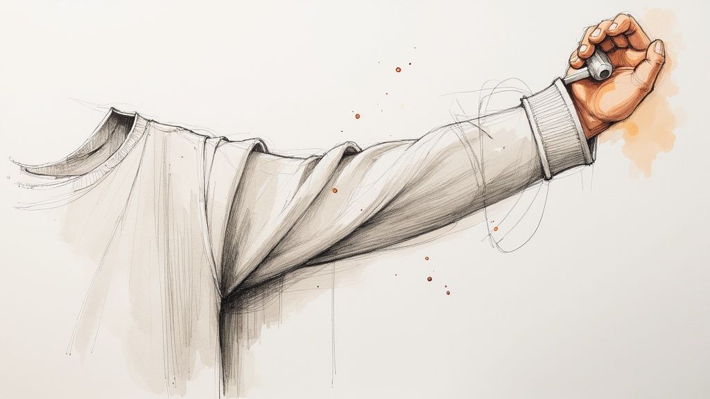 A person using a cashmere comb to remove pills from a sweater.