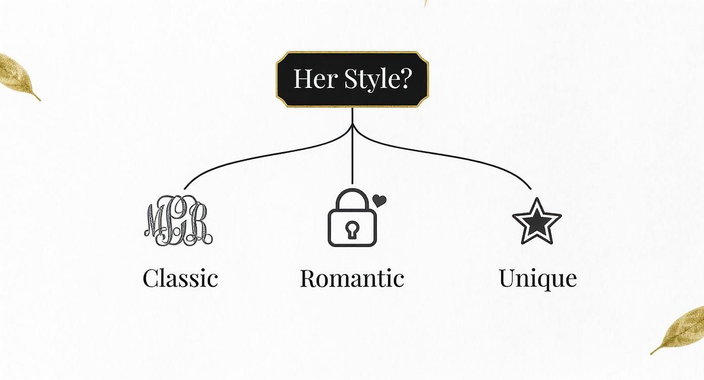 Flowchart diagram showing three jewelry style categories: Classic with monogram, Romantic with heart lock, and Unique with star