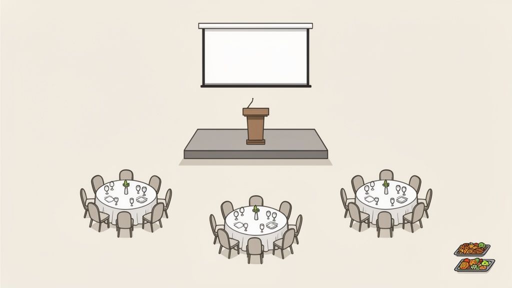 A top-down view of an event hall setup with round tables, a stage, projector, and food trays.