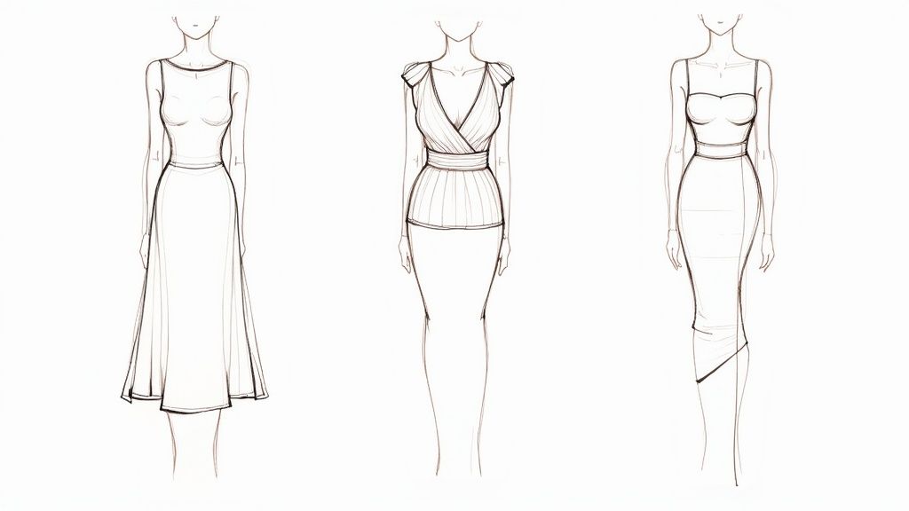 Fashion illustrations displaying three women in various elegant dresses and stylish outfits.