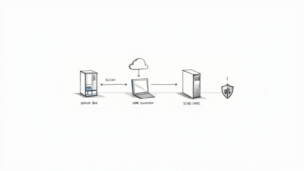 Industrial automation architecture diagram showing sensor box, HMI touchscreen, cloud connectivity, and SCADA server system