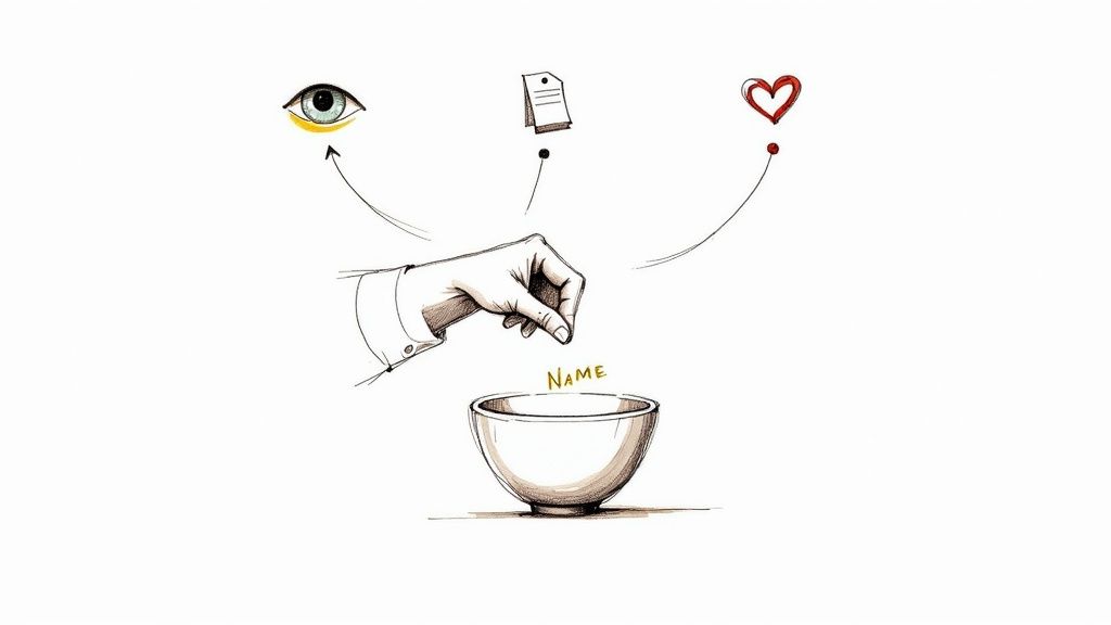 Conceptual illustration of a hand adding an eye, document, and heart to form a 'NAME' in a bowl.