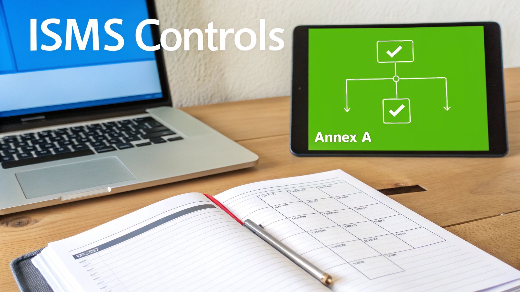 A desk setup with a laptop, tablet showing ISMS controls Annex A, and an open notebook.