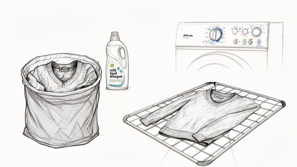 Steps for delicate laundry care, including detergent, washing machine settings, and flat drying.