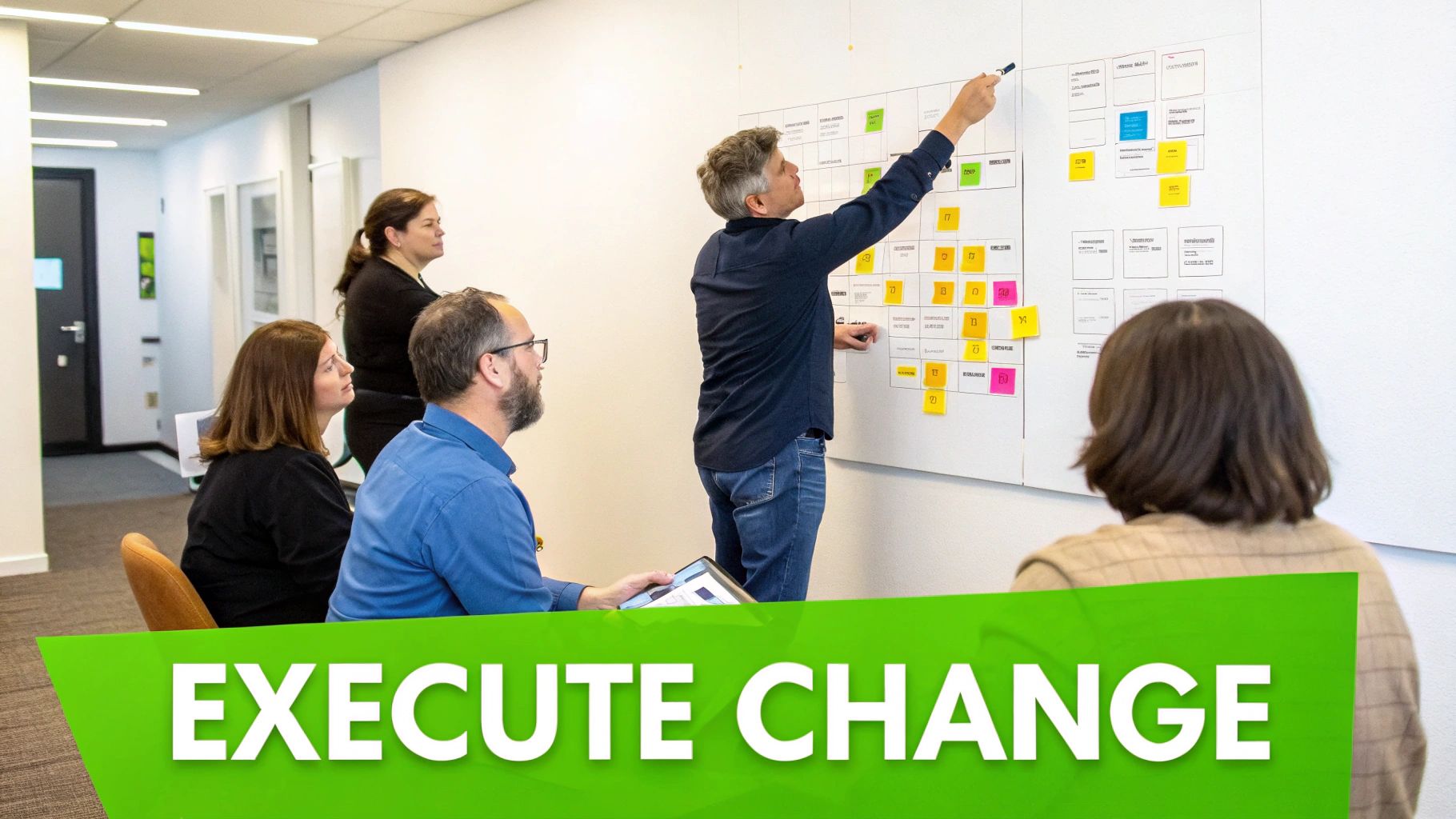 A team collaborates on a whiteboard with sticky notes, discussing strategy and change management.