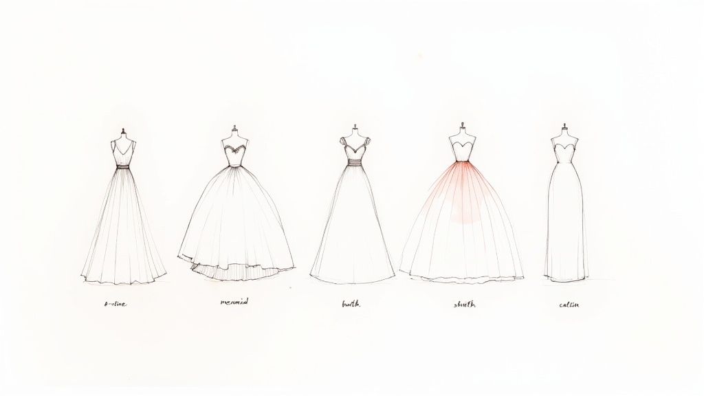 A person holding several prom dresses on hangers, showcasing different colors and fabrics.