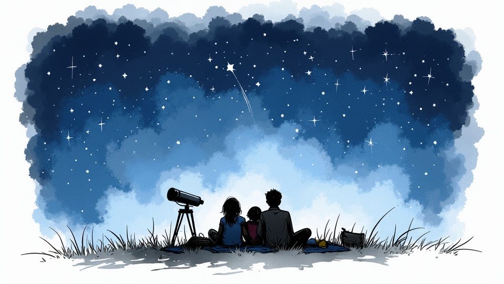 A family of three sits on a blanket in grass, looking up at a dark, starry night sky with a telescope, observing a shooting star.