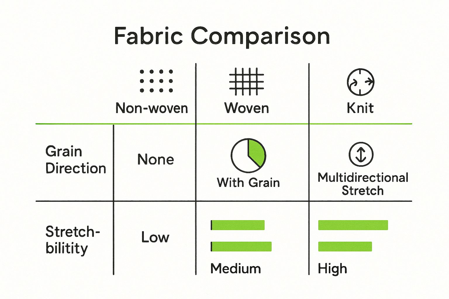 Infographic comparing Non-woven, Woven, and Knit fusible interfacing on grain direction and stretchability.