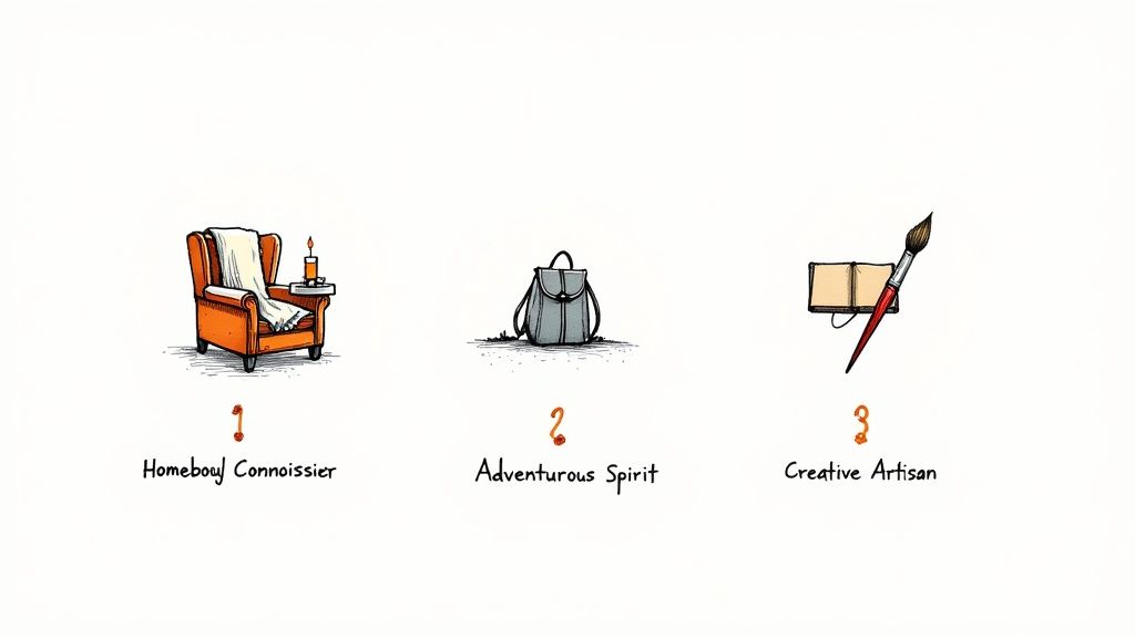 Three illustrated personality types: a homebody (armchair), adventurous spirit (backpack), and creative artisan (paintbrush, notebook).