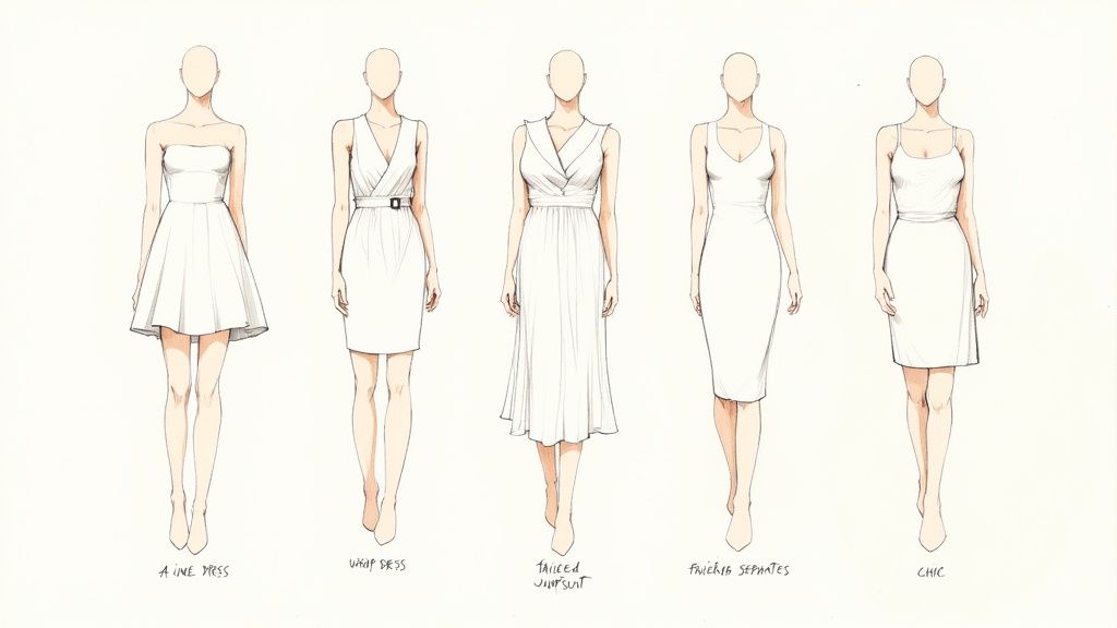 Illustration of five different dress styles for women, including A-line, wrap, tailored, separates, and chic.
