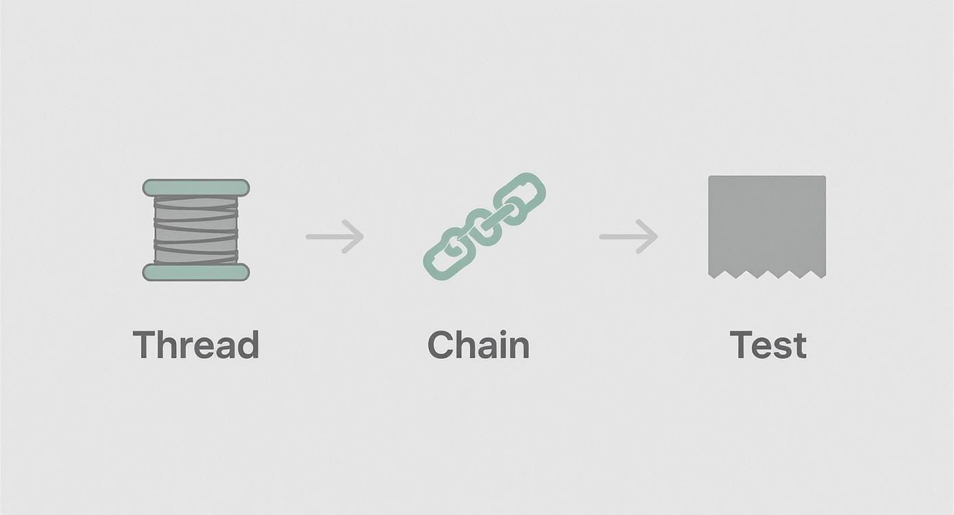 A visual guide illustrating a spool of thread, an arrow leading to a chain, and another arrow pointing to a fabric test swatch.