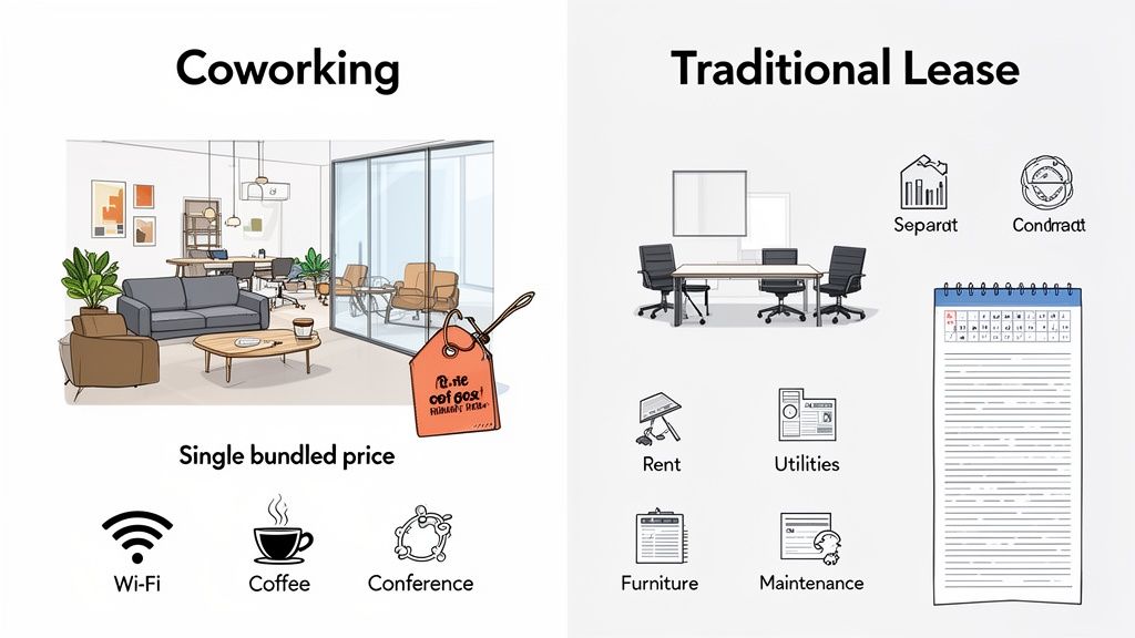 Illustration comparing coworking space benefits with a single bundled price versus a traditional lease's separate costs.