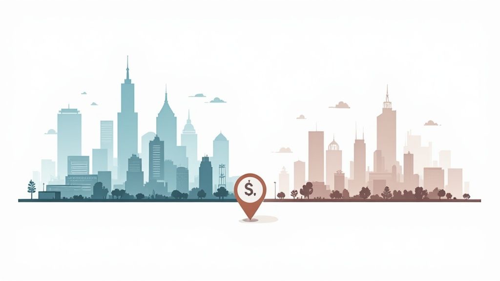 A cityscape illustration showing two contrasting urban sides, blue-green and brown-pink, connected by a dollar sign location pin.