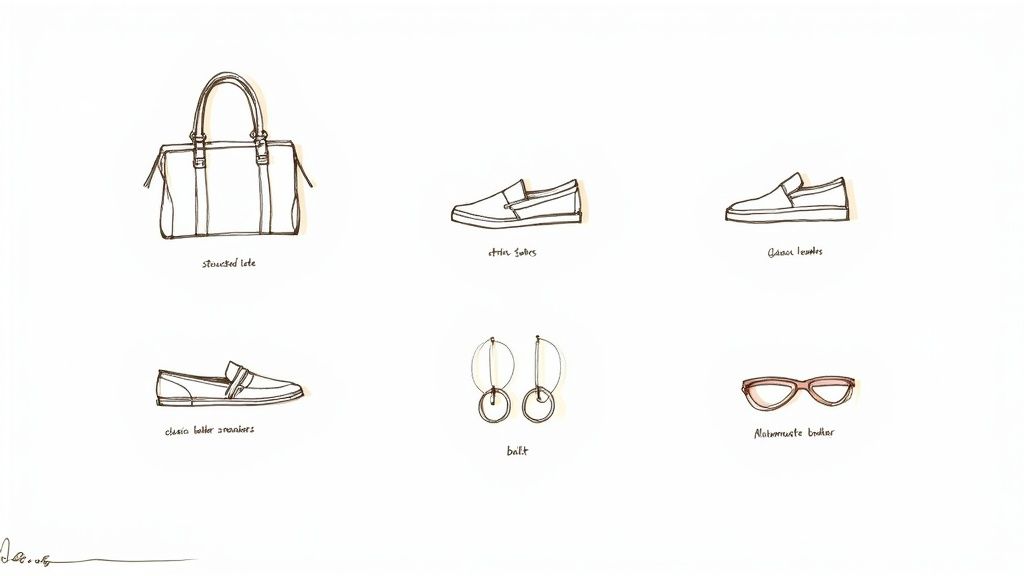 Hand-drawn sketches of fashion accessories, including a structured tote bag, slip-on shoes, earrings, and glasses.