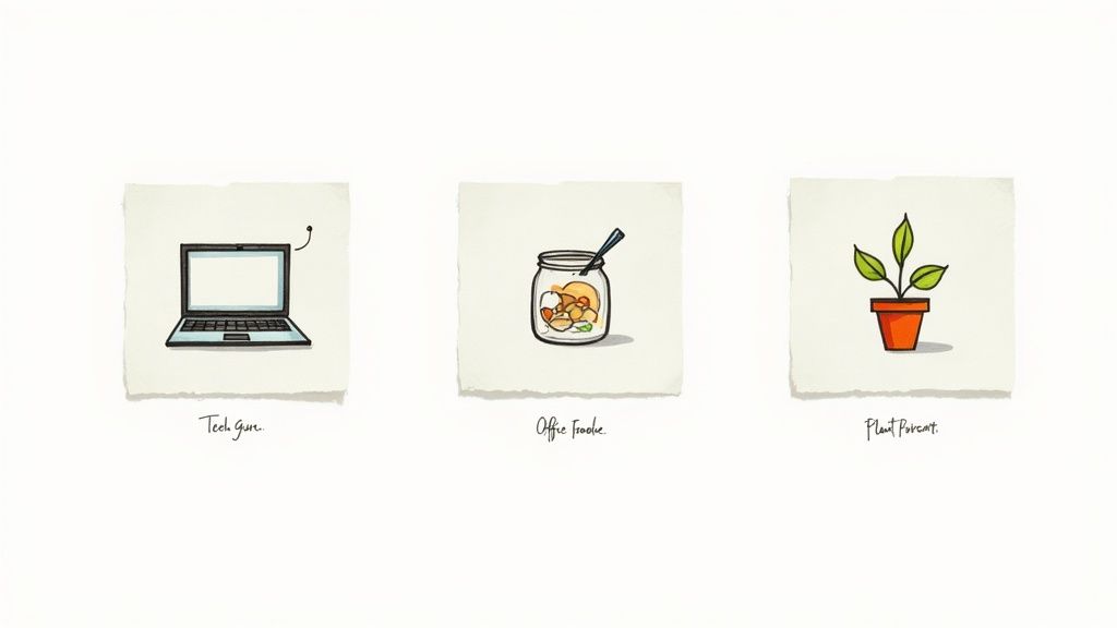 Three illustrations show different gift ideas: a laptop for a tech guru, a jar of treats for the office, and a potted plant.