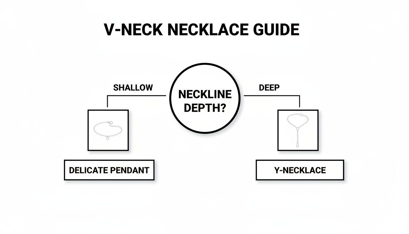 A V-neck necklace guide showing recommendations based on neckline depth: delicate pendant for shallow, Y-necklace for deep.