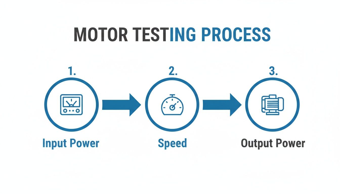 A diagram illustrating the motor testing process steps: input power, speed, and output power.