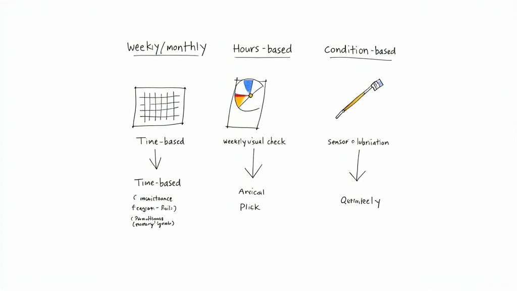 A hand-drawn diagram illustrating three types of maintenance schedules: Time-based, Hours-based, and Condition-based.