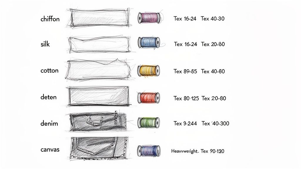 Chart showing recommended sewing thread sizes (Tex values) for various fabric types, including chiffon, silk, cotton, denim, and canvas.