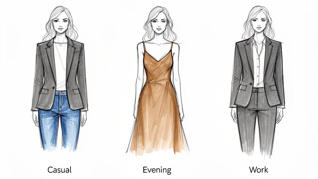 Illustrations showing three distinct women's fashion styles: casual, evening, and work outfits.