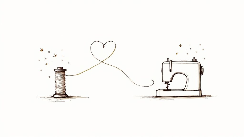 A person carefully cleaning the bobbin area of a sewing machine with a small brush.